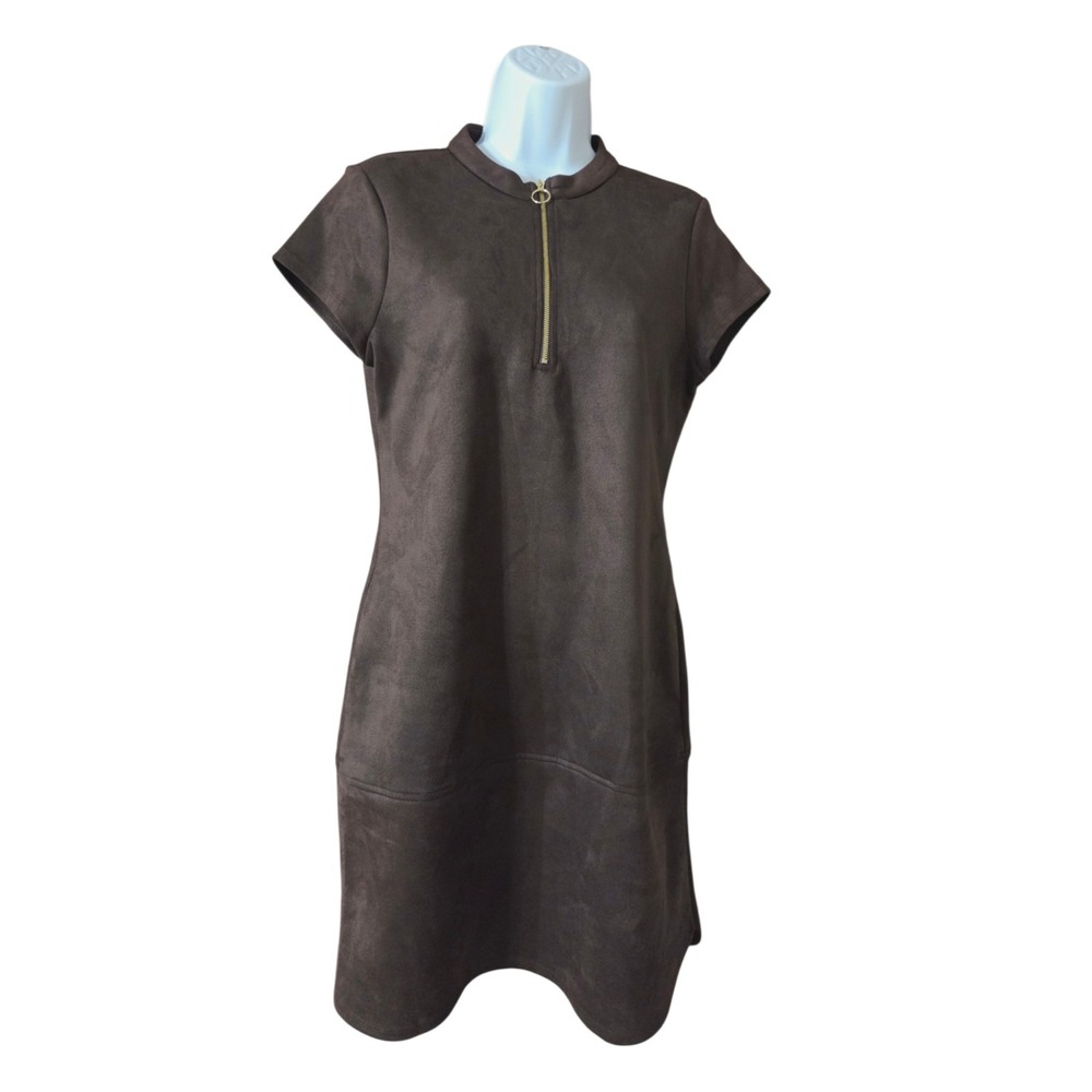 Andrew Marc Faux Suede Brown Short Sleeve Midi Shift Dress 1/4 Zip Pockets S NWT